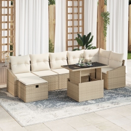 Conjunto de Sofás de Jardín de 8 Piezas con Cojines Beige Ratán Poliéster
