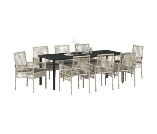 Conjunto de Comedor de Jardín de 9 Piezas con Cojines Ratán Poliéster Gris Claro