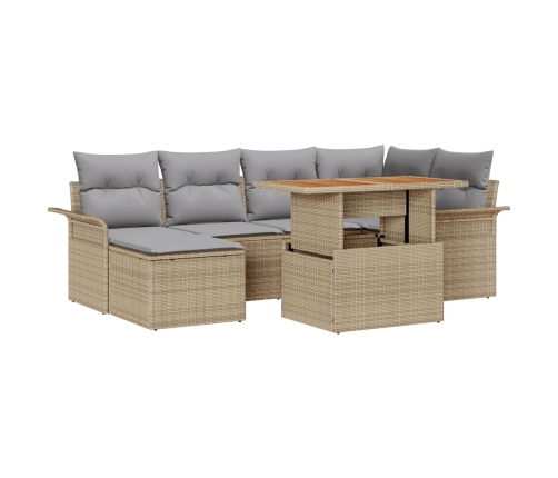 Conjunto de Comedor de Jardín de 7 Piezas con Cojines Beige de Ratán Sintético Acacia