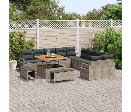 Conjunto de Sofá de Jardín de 13 Piezas con Cojines Gris Poliratán Acacia de , Sofá de Jardín de 2 Plazas con Almacenamiento y Cojines Gris Poliratán de , Juego de Comedor de Jardín de 3 Piezas con Cojines Gris Poliratán Acacia de