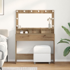 Mesa de maquillaje con luces LED en roble artesanal, 100x41x135 cm