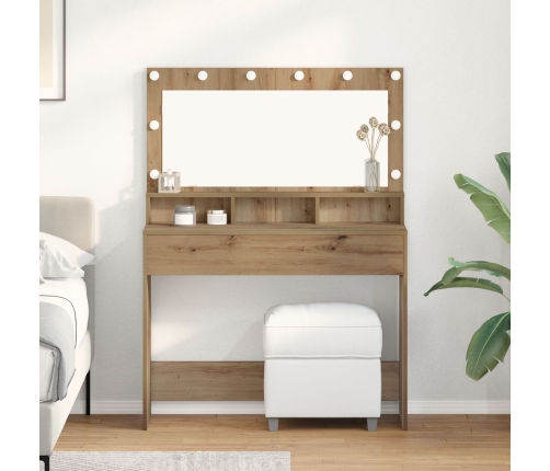 Mesa de maquillaje con luces LED en roble artesanal, 100x41x135 cm