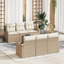 Conjunto de Sofá de Jardín de 7 Piezas con Cojines Beige Poliratán Acacia