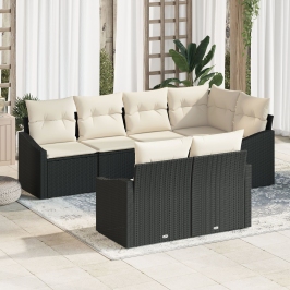 Conjunto de comedor de jardín de 7 piezas con cojines de ratán negro
