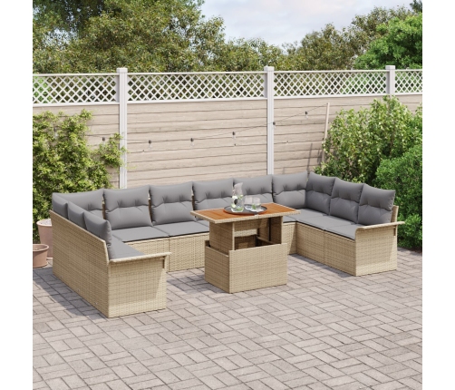 Conjunto de Comedor de Jardín de 11 Piezas con Cojines Beige Poli Ratán Acacia