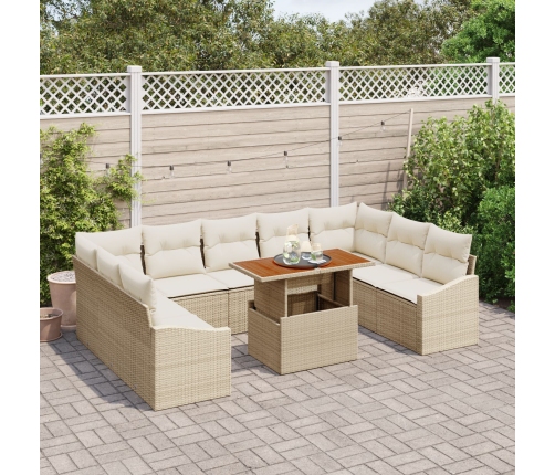 Juego de comedor de jardín de 10 piezas con cojines Beige Poliratán Acacia