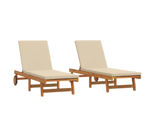 Sillas tumbonas  2 pcs con ruedas y cojín de madera de acacia maciza
