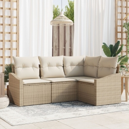 Conjunto de Sofá de Jardín de 4 Piezas con Cojines Beige Poliéster