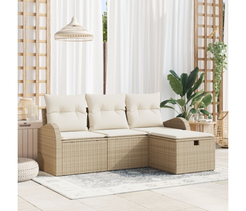 Conjunto de Sofá de Jardín de 4 Piezas con Cojines Beige de Poliratán
