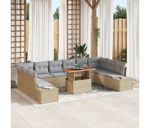 Conjunto de Sofá de Jardín  de 11 Piezas con Cojines Beige de Poliratán