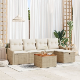 Conjunto de Sofá de Jardín de 6 Piezas con Cojines Beige Ratán Poli