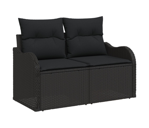 Set de Sofá de Jardín de 11 Piezas con Cojines Negro Poliratán Acacia,  Sofá de Jardín de 2 Personas con Cojines Negro Poliratán,  Set de Comedor de Jardín de 3 Piezas con Cojines Negro Poliratán Acacia