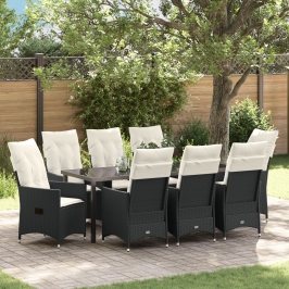 Conjunto de Comedor de Jardín de 9 Piezas con Cojines Negro Poliratán