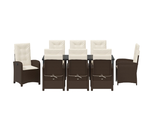 Set de comedor de jardín de 9 piezas con cojines de ratán poli marrón