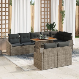 Juego de Comedor de Jardín de 9 Piezas con Cojines Gris Poliratán Acacia
