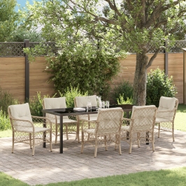 Conjunto de Comedor de Jardín de 7 Piezas con Cojines de Poliratán Beige