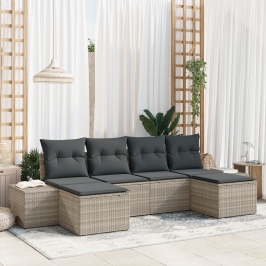 Conjunto de Sofá de Jardín de 6 Piezas con Almohadas Gris Claro Poliratán