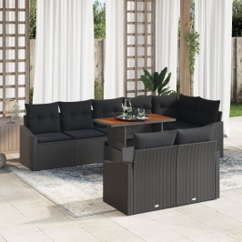 Conjunto de Sofá de Jardín  Juego de 9 Negro y Marrón Ratán y Madera