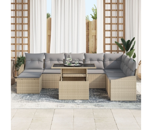 Conjunto de Sofás de Jardín de 9 Piezas con Cojines Beige de Ratán Polipropileno