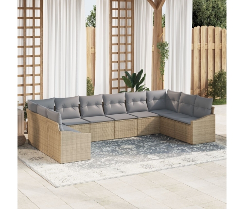 Conjunto de Sofá de Jardín de 10 Piezas con Cojines Beige Ratán Poliéster