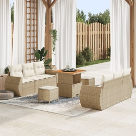 Sofá de jardín  9 piezas con cojines beige de ratán PE y acacia, Comedor de jardín  3 piezas con cojines beige de ratán PE y acacia