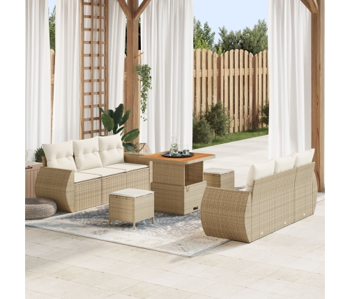 Sofá de jardín  9 piezas con cojines beige de ratán PE y acacia, Comedor de jardín  3 piezas con cojines beige de ratán PE y acacia