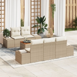 Juego de Sofá de Jardín de 6 Piezas con Cojines Beige Poly Rattan Acacia