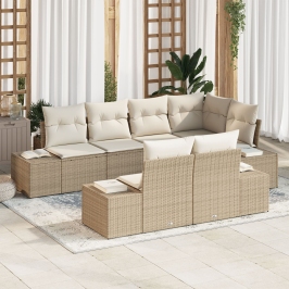 Juego de sofá de jardín de 7 piezas con cojines beige de ratán sintético