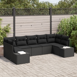 Set de Sofá de Jardín de 7 Piezas con Cojines Negro Ratán Poliéster