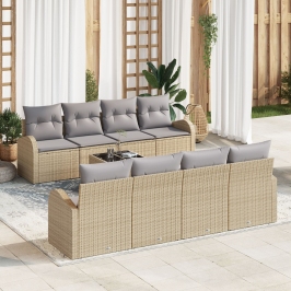 Set de sofá de jardín de 9 piezas con cojines beige ratán poliéster