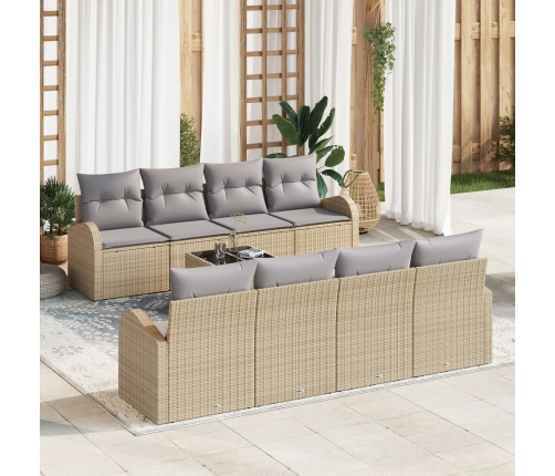 Set de sofá de jardín de 9 piezas con cojines beige ratán poliéster