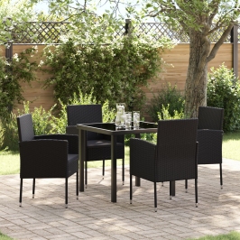 Juego de Comedor de Jardín  de 5 Piezas con Cojines de Ratán Poliéster Negro