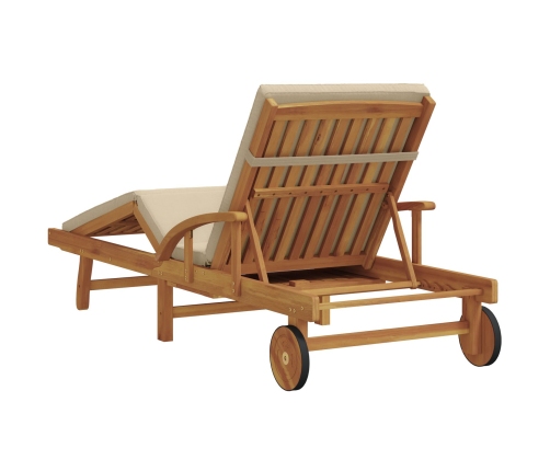 Tumbona plegable  con ruedas y cojín beige de madera maciza de acacia