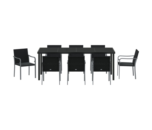 Set de Comedor para Jardín de 9 Piezas con Cojines de Ratan de Poliéster Negro