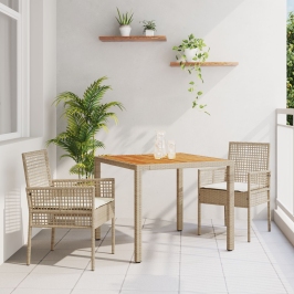 Juego de Comedor de Jardín de 3 Piezas con Cojines Beige de Ratán Poliéster