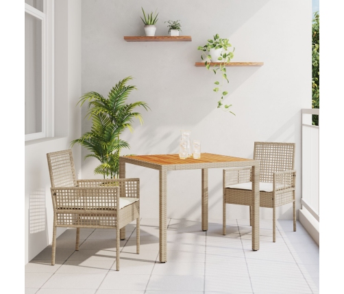 Juego de Comedor de Jardín de 3 Piezas con Cojines Beige de Ratán Poliéster