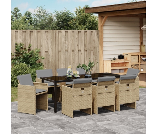 Juego de Comedor de Jardín de 9 Piezas con Cojines Ratán Poli Beige
