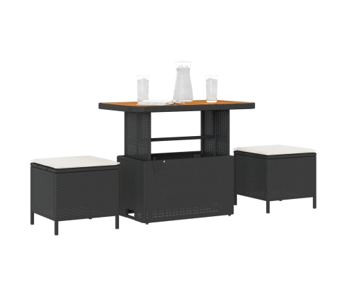 Set de Comedor de Jardín de 3 Piezas con Cojines Negro de Poliratán y Acacia