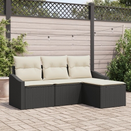 Set de sofá de jardín de 4 piezas con cojines negro de ratán polimérico