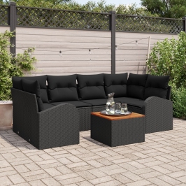 Conjunto de Sofá de Jardín  de 7 Piezas con Cojines Negro Poliratán Acacia