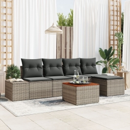 Conjunto de sofá de jardín de 6 piezas con cojines gris ratán sintético acacia