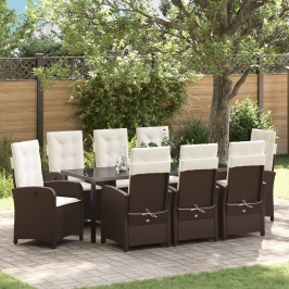 Set de comedor de jardín de 9 piezas con cojines de ratán poli marrón