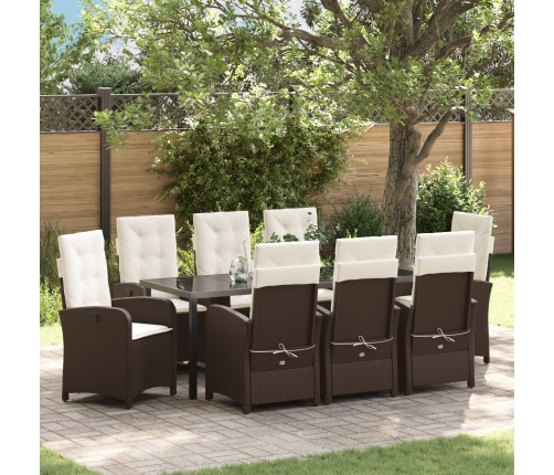 Set de comedor de jardín de 9 piezas con cojines de ratán poli marrón