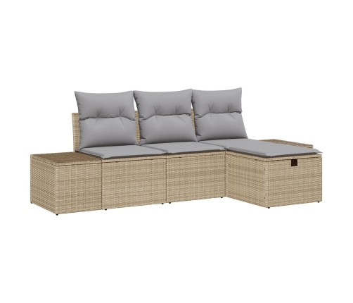 Conjunto de Sofá de Jardín  de 4 Piezas con Cojines Beige Ratán Poli