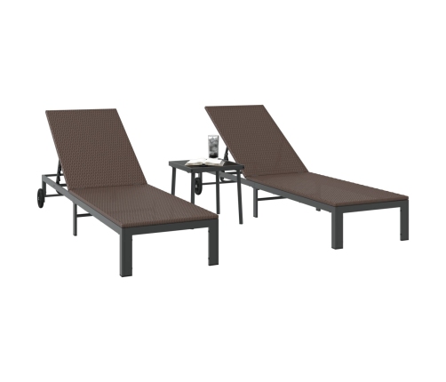 Tumbonas  2 pcs con Ruedas y Mesa Marrón Poliratán