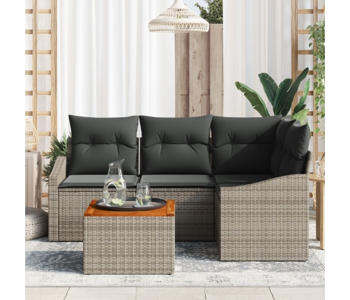Set de Sofá de Jardín de 5 Piezas con Cojines Gris Ratán Poli Acacia