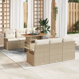 Conjunto de Sofá de Jardín de 7 Piezas con Cojines Beige Ratán Poliéster Acacia