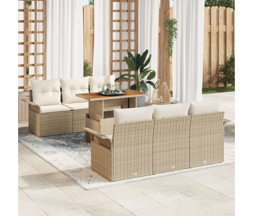 Conjunto de Sofá de Jardín de 7 Piezas con Cojines Beige Ratán Poliéster Acacia
