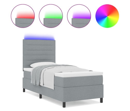 Cama Box Spring con Colchón y Luz LED Gris Claro 100x200 cm Tela