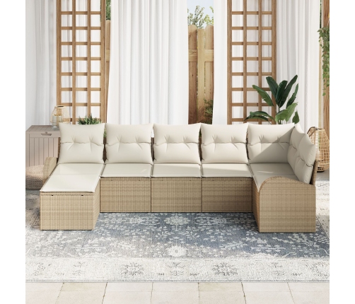 Conjunto de Sofá de Jardín de 7 Piezas con Cojines Beige de Polirratán